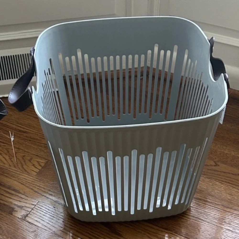 Scandinavian Light Gray Storage Basket Leather Handles Rounded Square